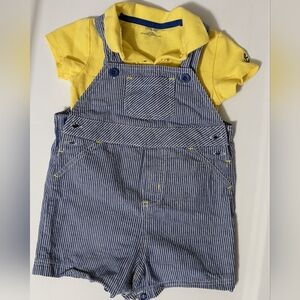 Little me Toddler Outfit Yellow Polo Shirt Blue Stripes Overalls Size 18 months